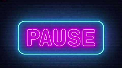 A digital graphic featuring a neon sign with the word \"PAUSE\" in bright pink letters against a dark blue brick wall background, with a glowing blue neon frame.