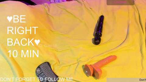 A video of a person's yellow jacket pocket containing a black dildo, a vibrator, and an orange dildo. Text on the image reads, \"BE RIGHT BACK 10 MIN <3\" and \"DON'T FORGET TO FOLLOW ME.\