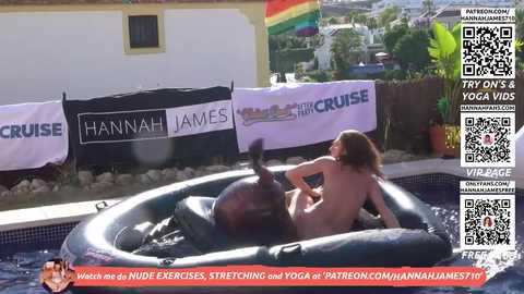 Video of a nude woman with long brown hair stretching on a floating pool lounge, surrounded by lush greenery and a QR code overlay.