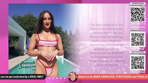 Video of a fit brunette woman in a pink bikini, standing by a pool, with a QR code overlay promoting a fitness video.