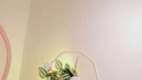 Video of a minimalist room with a cream-colored wall and a metal-framed, white vase filled with white flowers and green leaves. The scene has soft, diffused lighting, creating a serene, calm atmosphere.