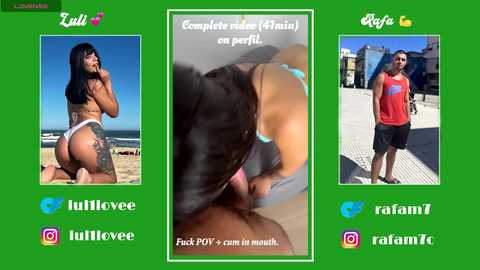 Video collage of two women in bikinis on a beach and a man in a red tank top on a street. Text overlays read \"LuluLoveee,\" \"LuluLuv,\" \"FuckPOP's cam munch,\" \"raffian,\" and \"raffinate.\