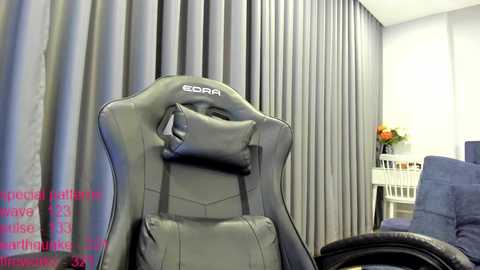 Video of a gray EORA gaming chair with adjustable armrests in a modern, dimly lit room with gray curtains, a white shelf, and a blue armchair. Text overlay in red.