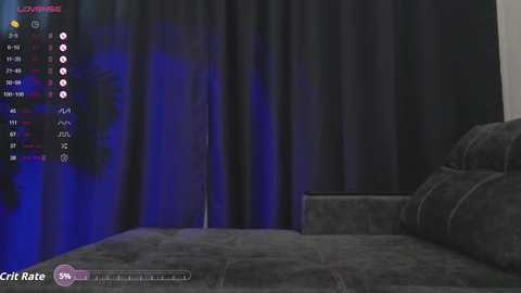 Video of a dimly lit room with a dark grey couch against a dark curtain backdrop. A digital overlay displays \"Confidence Rate\" and \"Rate\" stats.