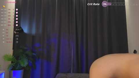 Video of a dimly lit room with a black curtain, a green potted plant, and a person's bare back in the foreground.