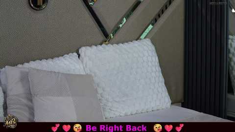 A video of a modern bedroom with a plush, white, quilted pillow and a grey, textured pillow on a beige headboard. A digital overlay reads \"Be Right Back\" with emoticons.
