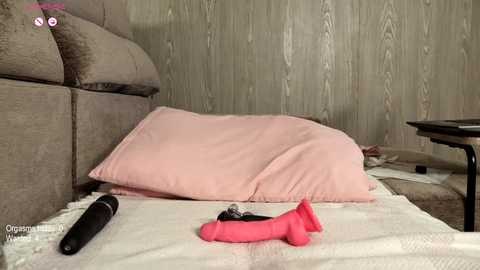 A video of a bed with a beige headboard, a pink pillow, a black vibrator, and a pink dildo on a white quilted blanket, set against a textured wallpaper background.