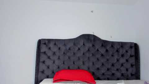 Video of a minimalist bedroom featuring a plush, dark gray, tufted headboard against a plain white wall. The bed is covered with a white sheet and a bright red pillow.