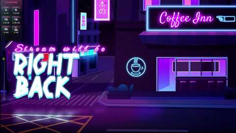 A vibrant, neon-lit cityscape at night, featuring a street with glowing signs and a \"Coffee Inn\" shop. The digital artwork showcases bold, colorful fonts and futuristic design elements.