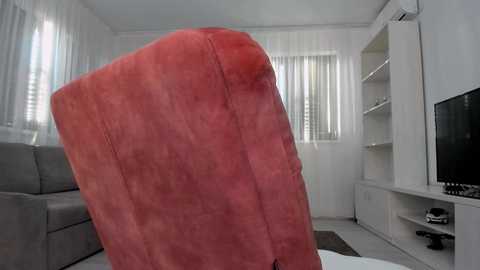 Video of a red velvet chair placed in a minimalist living room with white walls, sheer curtains, and a white TV stand.