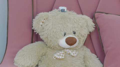 A video of a plush teddy bear with a small, white, button-like object on its head, seated on a pink, tufted chair. The bear has a beige, fluffy body, a brown snout, and a checkered bow tie.