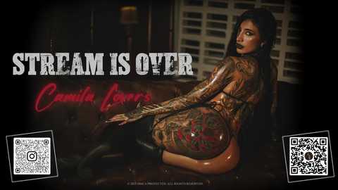 Video of a tattooed woman with dark hair and black lipstick, kneeling in a dimly lit room, wearing a revealing black outfit, with the words \"STREAM IS OVER\" in bold text.