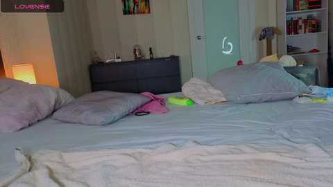 Video of a messy bedroom with two unmade beds, a pink toy, a pink blanket, and a gray dresser with a lamp, wall art, and a door with a 6.