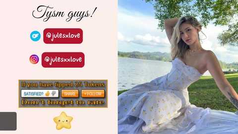 A video of a blonde woman in a white floral dress on a picnic blanket by a lake, surrounded by lush greenery. Social media icons and a game interface are overlaid on the left.