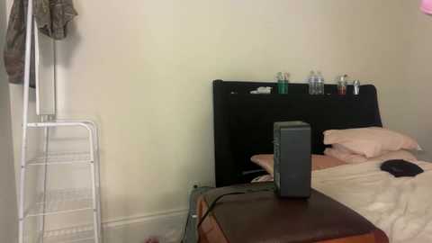 Media: Video of a minimalist bedroom with a black headboard, white sheets, and a black speaker on a wooden bedside table. A white ladder leans against the wall, and a coat hangs on it.