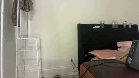 Video of a sparsely furnished bedroom with a white ladder, black headboard, and minimal decor.