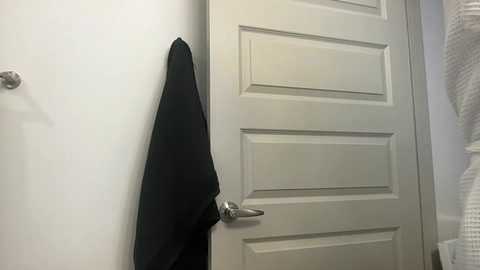 Video of a white door with a black towel hanging on a silver towel rack on the left. The right side shows a white, textured towel hanging on a hook. The background is a plain, light-colored wall.