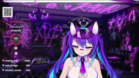 Anime-style digital artwork featuring a purple-haired female character with cat ears, wearing a revealing white top and purple tie. Background: dimly lit bar with neon signs, blurred figures, and QR code.