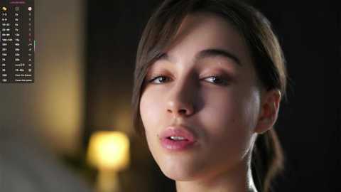 A video of a young, light-skinned woman with dark brown hair and a neutral expression, set in a dimly lit room with a blurred, warm-toned background.