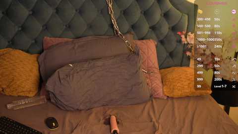 Video of a bedroom with a dark teal, tufted headboard. A grey, crumpled pillow and a chain are on the bed. A TV screen in the background shows a graph with numbers.