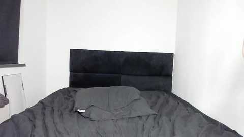 Video of a minimalist, empty bedroom with a black upholstered headboard, black bedspread, and a small gray pillow. The walls are white, and a window with a black blind is partially visible on the left.