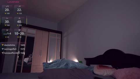 Video of a dimly lit bedroom with a messy bed, a dark wardrobe, and a digital clock displaying 20:40. A digital overlay shows weather info and social media notifications.