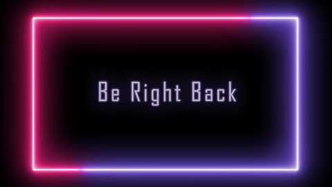 A digital graphic with a black background features a neon pink and purple border. Inside the border, \"Be Right Back\" is written in white, pixelated text. The image exudes a retro, nostalgic aesthetic.