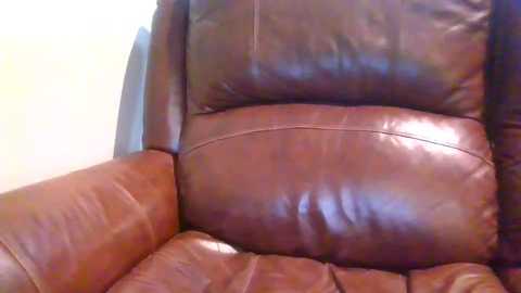 Video of a brown leather recliner with a curved backrest and armrests, showing wear and creases, set against a plain beige wall. The texture of the leather is smooth with visible stitching.