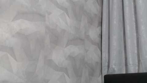 Video of a textured, light grey wall with subtle, abstract patterns. To the right, a grey curtain with vertical folds partially covers the window, casting soft shadows. The image captures an indoor, minimalist aesthetic.