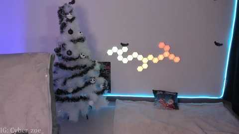 Video of a cozy, white-walled room with a snowflake-decorated Christmas tree, string lights, and a plush throw blanket.