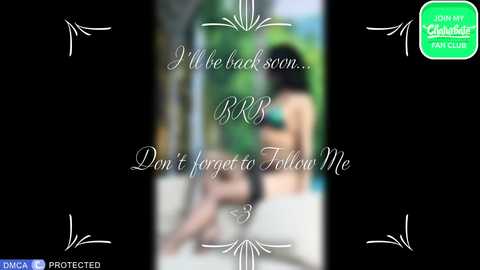 A blurred video with a green, white, and black graphic overlay featuring a woman's back, wearing a bikini, and text that reads, \"Don't forget to follow me.\