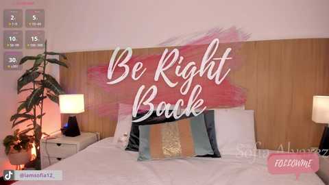 Video of a modern bedroom with a white bed, wooden headboard, two bedside tables, potted plants, and a digital overlay saying \"Be Right Back\" in white cursive.