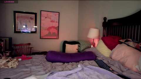 Video of a messy bedroom with a purple and white striped bedspread, two framed paintings, a wooden headboard, and a lamp on a nightstand.