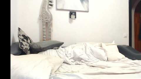 Video of a messy, unmade bed with white linens, gray and black patterned pillows, a beige and black knitted throw, and a framed black-and-white abstract painting on the white wall.