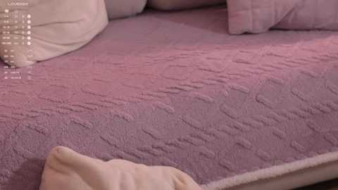 A close-up video of a bed with a lavender quilt and matching pillows, featuring a white blanket partially covering the lower left corner.
