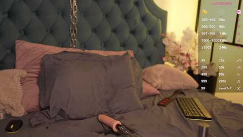 Video of a messy bedroom with a tufted teal headboard, gray sheets, a black keyboard, and a pink dildo on the bed.