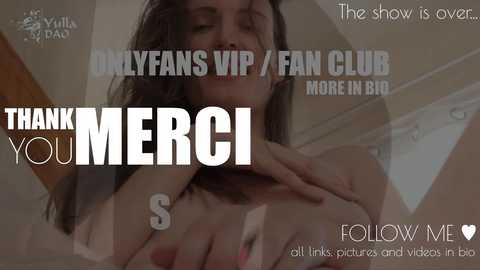 Video featuring a nude woman with long brown hair, smiling, with text overlay: \"OnlyFans VIP/Fan Club More in BIM Thank You MERCI.\