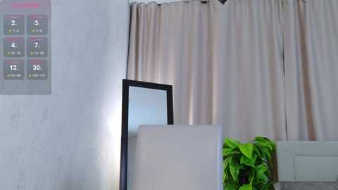 Video of a modern living room with beige curtains, a white sofa, green plants, a framed mirror, and a light fixture on a textured white wall, showcasing a minimalistic, clean design.