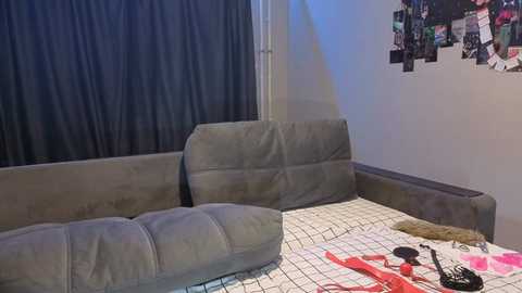 Video of a cluttered, dimly-lit bedroom with a gray couch, a bed with a white and black checkered comforter, and a wall adorned with a collage of photos and posters.