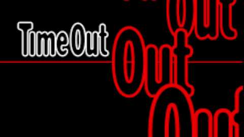 Media: A digital neon sign with \"Time Out\" in white letters against a black background, with red neon outlines, resembling a retro diner or bar sign.