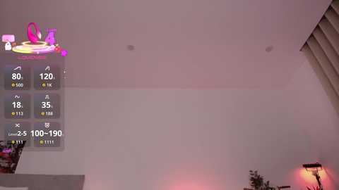 A video of a modern, minimalist living room with a white ceiling, a pink and purple neon sign, a digital thermometer showing 35\u00b0C, and a lamp casting a warm glow.