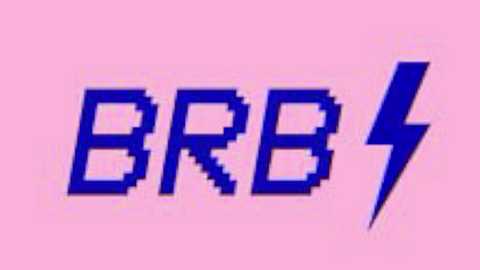 Video of a blue pixelated text \"BRB\" with a lightning bolt, set against a pink background, evoking a retro video game aesthetic.