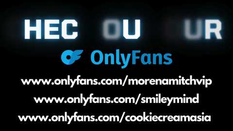 A digital advertisement featuring the text \"HEC OU UR\" in white, with \"OnlyFans.com/morenantitchhip\" and \"OnlyFans.com/smileymin\" in blue, against a black background.