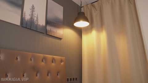 Video of a minimalist bedroom with a beige tufted headboard, beige curtains, and a modern pendant lamp. Two framed nature prints hang on the grey wall.