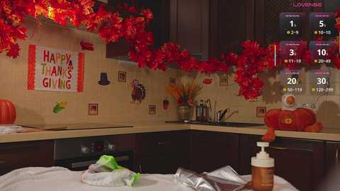 A video of a festive kitchen adorned with red and orange decorations, including a \"Happy Thanksgiving\" banner and artificial flowers. A pumpkin sits on the counter, and a digital timer displays 30 minutes.