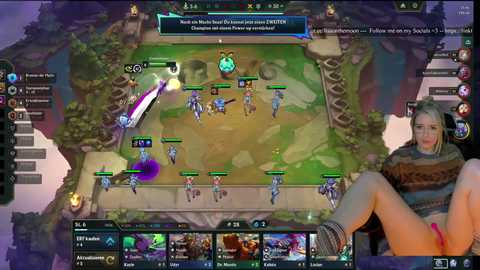 Screenshot of League of Legends gameplay with a female player in a striped sweater and pink panties, legs spread, facing a green-tinted map.