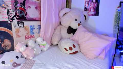 A cozy, pastel-colored bedroom scene featuring a large white teddy bear on a bed, surrounded by plush toys, posters, and a pink curtain.