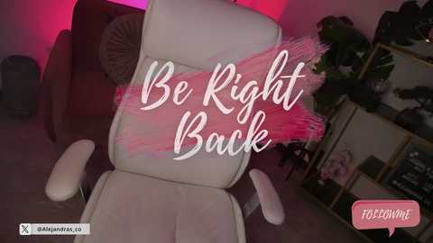 Video of a beige recliner chair with a pink feather pillow and a \"Be Right Back\" overlay, set in a dimly lit, cluttered room with a bookshelf.