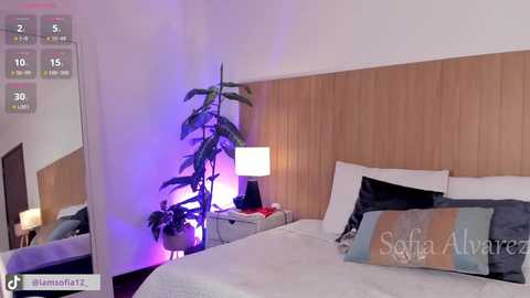 Video of a modern bedroom with a large bed, white bedding, and a potted plant, illuminated by a purple lamp. A virtual reality screen shows a man's avatar.