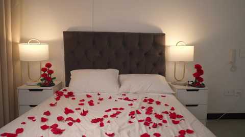 Video of a romantic hotel room with a king-sized bed adorned with white linens, a gray tufted headboard, and scattered red rose petals. Two bedside tables hold matching lamps, each with a white shade.